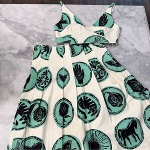 Zara Cream and Green Midi Skirt